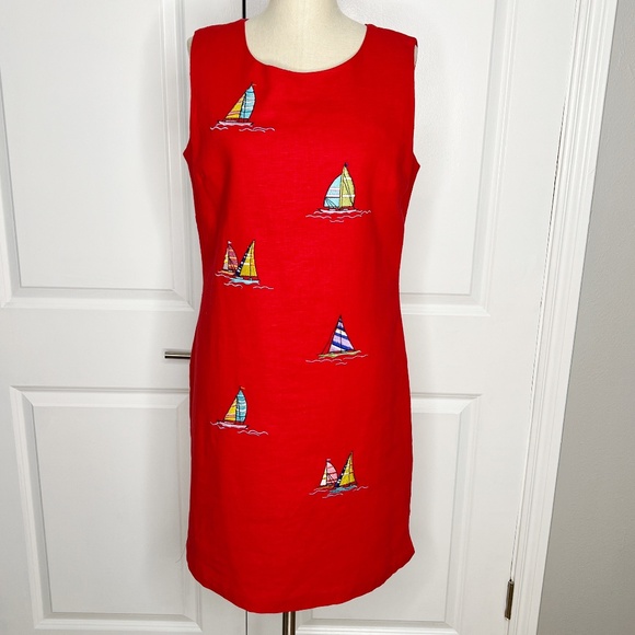 Vintage Dressbarn Shift Red Linen Blend Sailboat Embroidered Coastal Dress 12 - Picture 1 of 6